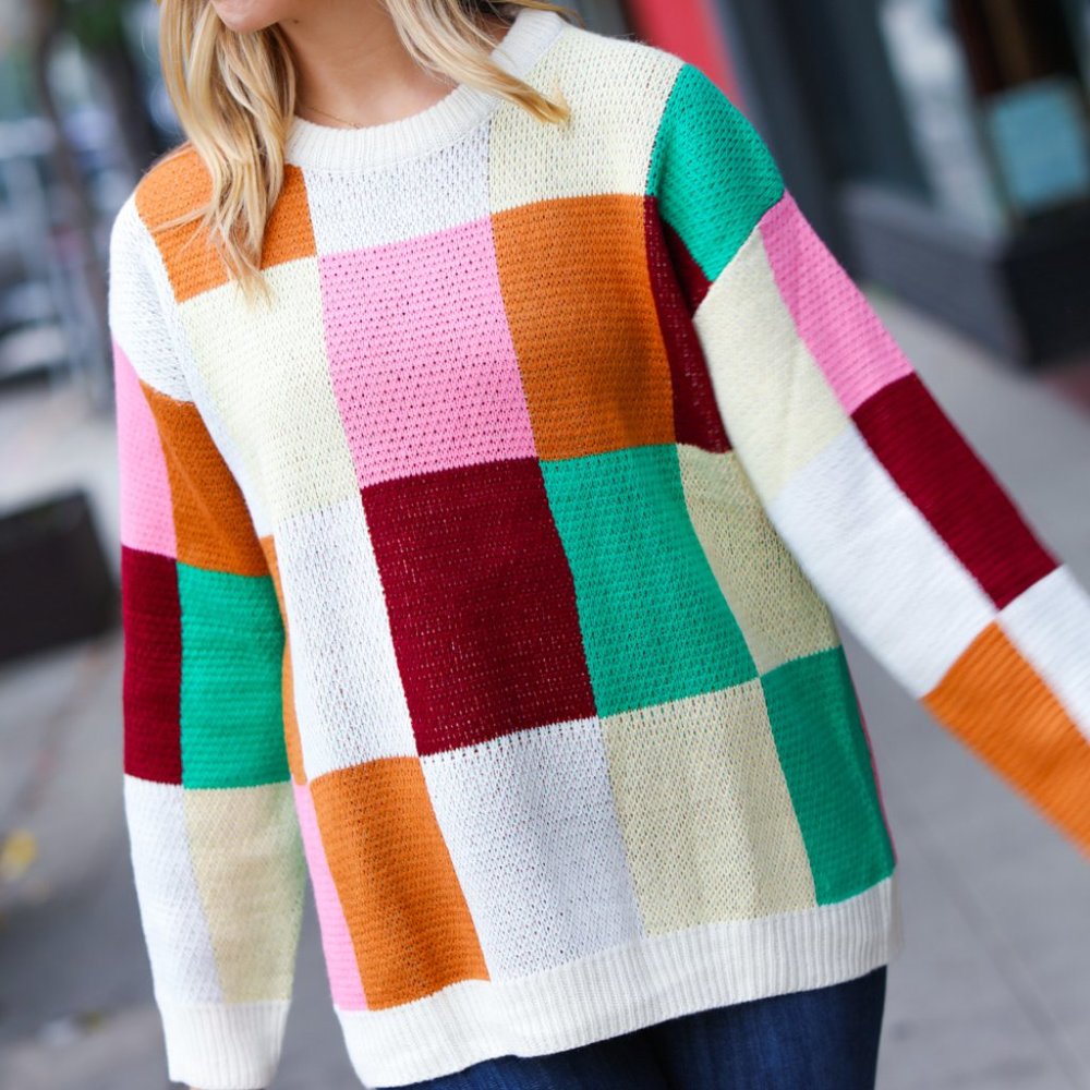 Adorable Ivory & Camel Checker Jacquard Knit Sweater